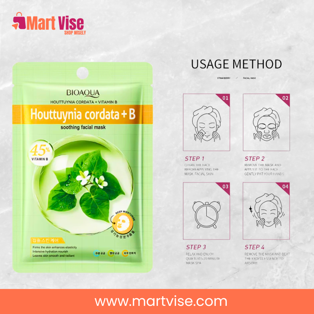 bioaqua-vitamin-b-face-mask-back.jpg – Back view BioAqua Vitamin B facial mask with directions for use bioaqua-face-mask-hydration.jpg – BioAqua sheet mask provides deep hydration and firming for radiant skin