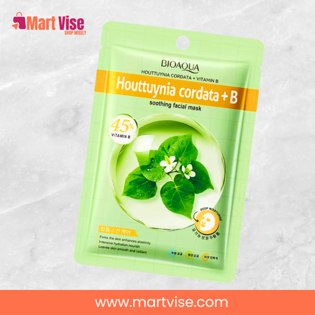 bioaqua-houttuynia-vitamin-b-mask-front.jpg – BioAqua Houttuynia Vitamin B sheet mask front packaging for glowing Pakistani skin