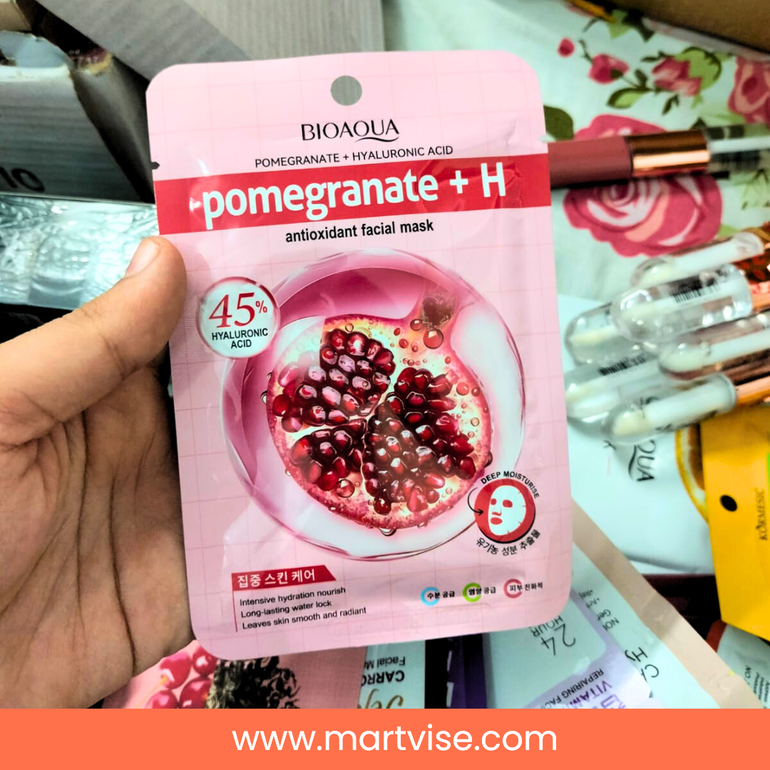 bioaqua-pomegranate-hyaluronic-mask-closeup.jpg – Closeup of Bioaqua Pomegranate Mask with antioxidant essence