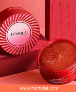 bioaqua-hydrating-eye-mask-jar – Open Bioaqua Hydrating Eye Mask jar with hydrogel patches.