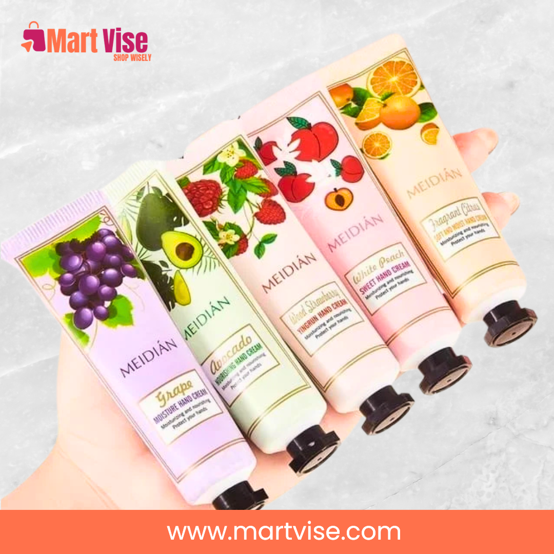 meidian-handcream-fruity-variants – Fruity variants of Meidian handcream for hydration and freshness.