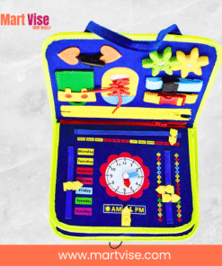 felt-busy-book-open – Open Felt Busy Book showing zippers, buttons, gears, and clock.