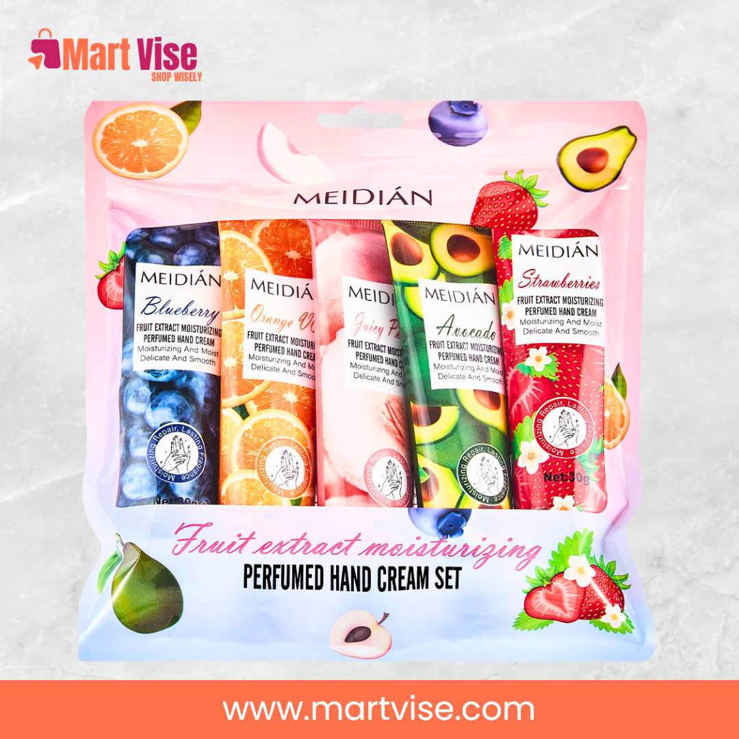 meidian-fruit-extract-cream-set.jpg – Meidian Fruit Extract Cream hand cream set with five fruit-scented tubes