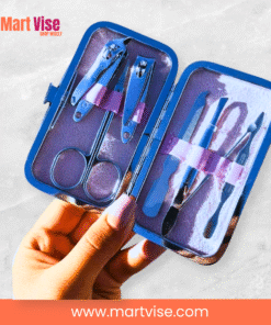 travel-manicure-kit-open – Open travel size manicure kit with stainless steel tools.