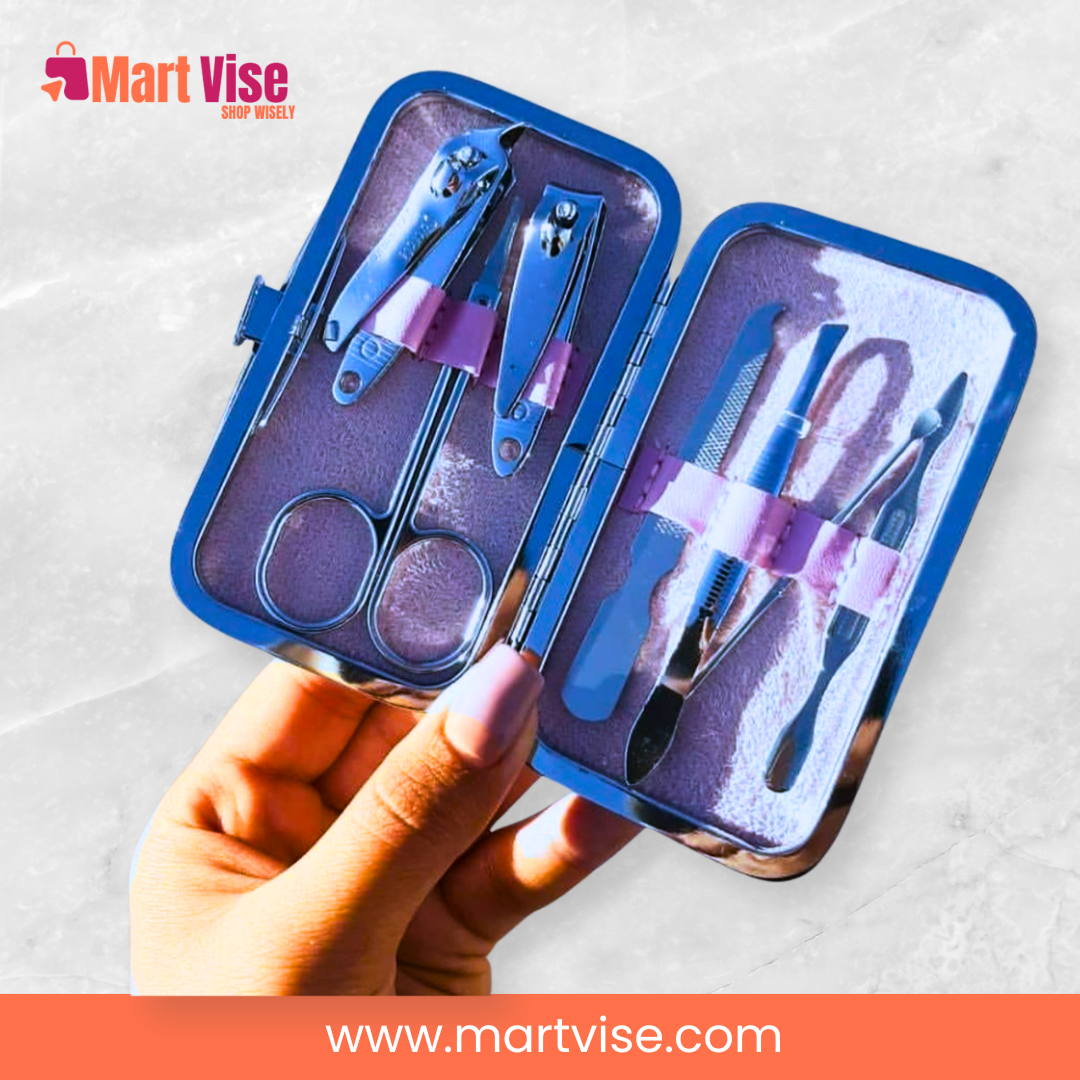 travel-manicure-kit-open – Open travel size manicure kit with stainless steel tools.