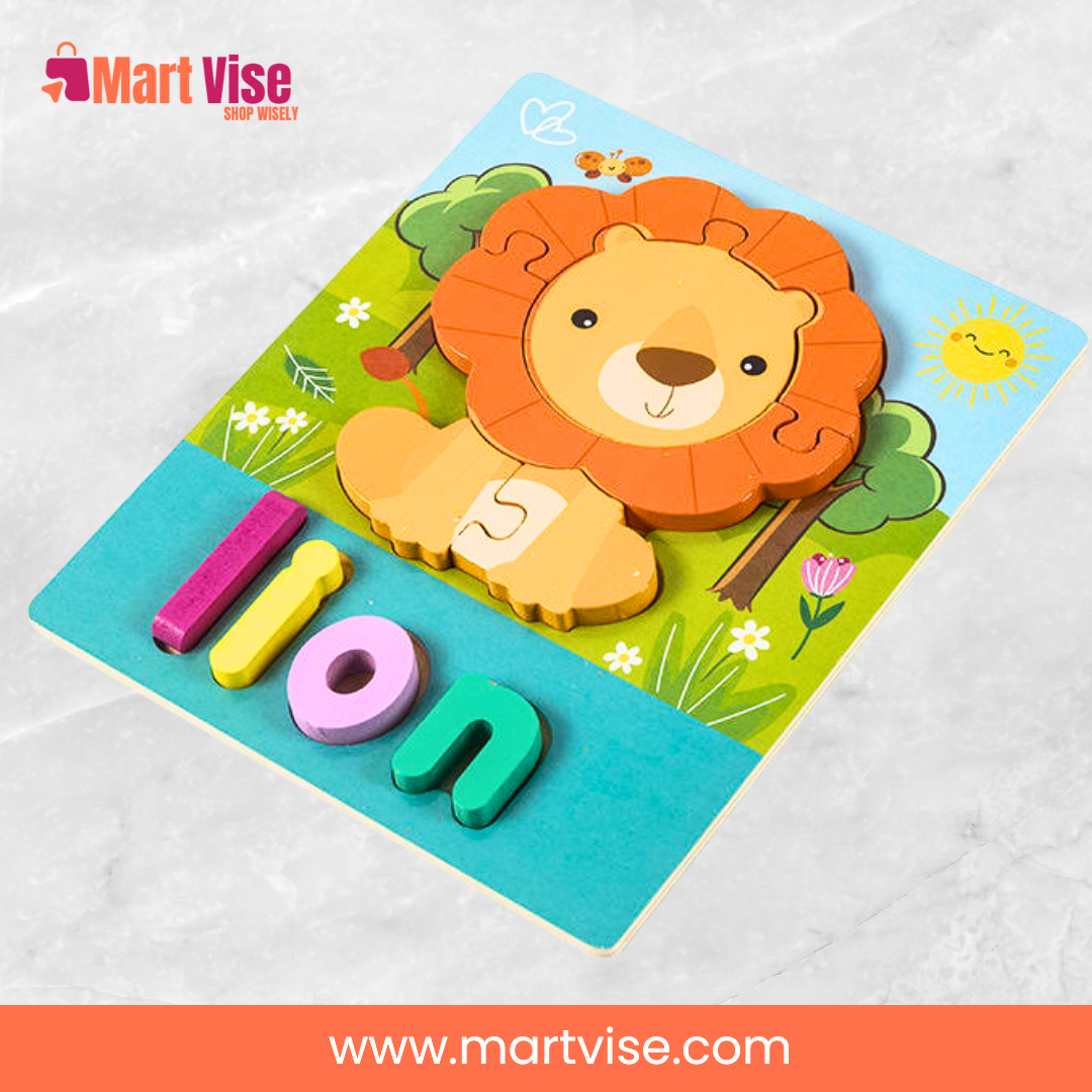 lion-wooden-puzzle-board.jpg – Lion Wooden Puzzle with colourful animal and alphabet pieces.
