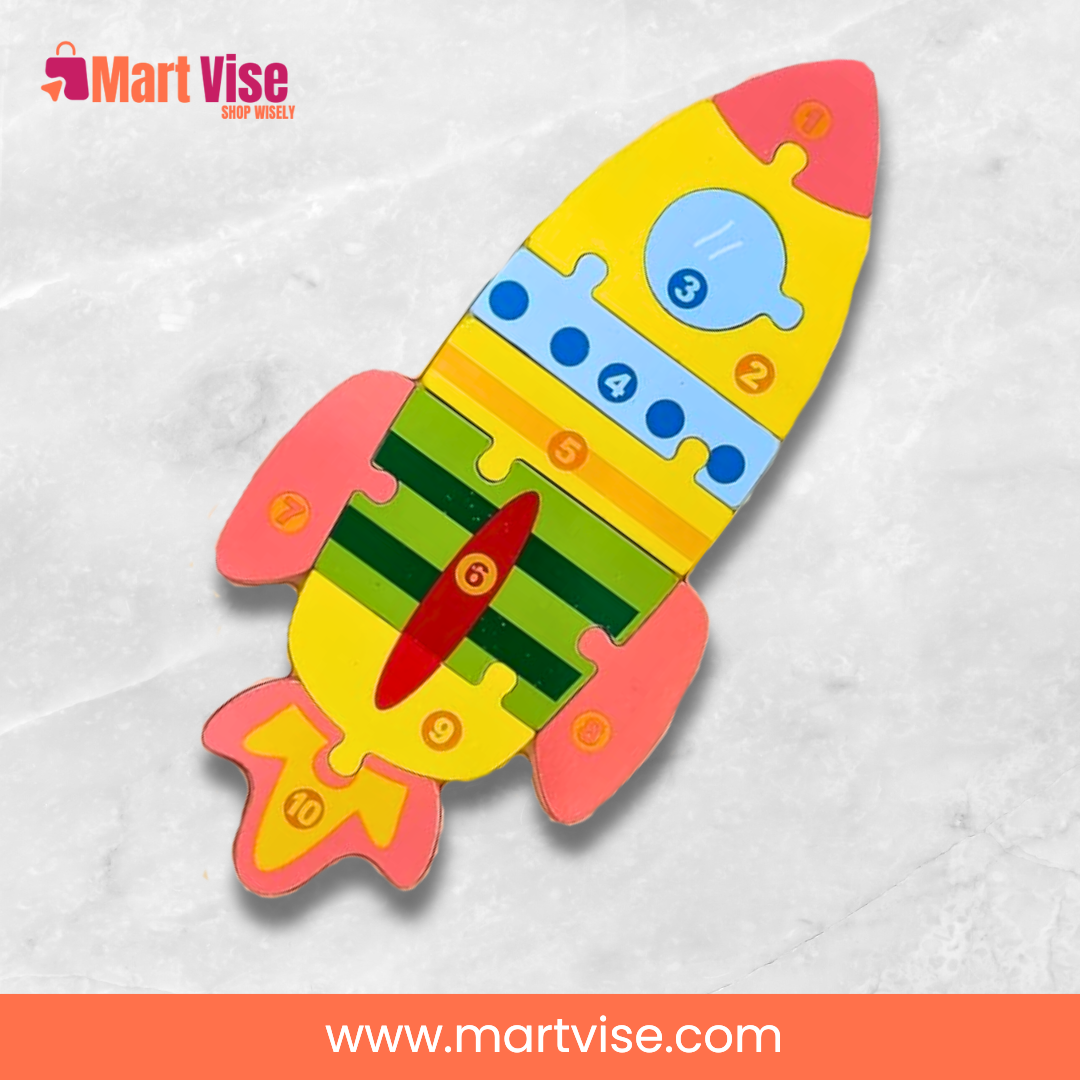 rocket-jigsaw-puzzle-front.jpg – Rocket Jigsaw Puzzle front view with colourful wooden pieces