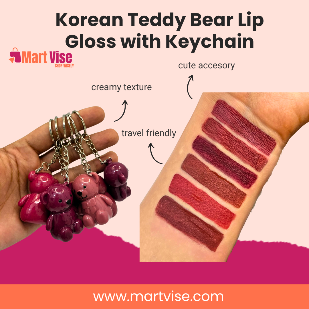 Korean Teddy Bear Lip Gloss Set of 6 – Cute Keychain Edition