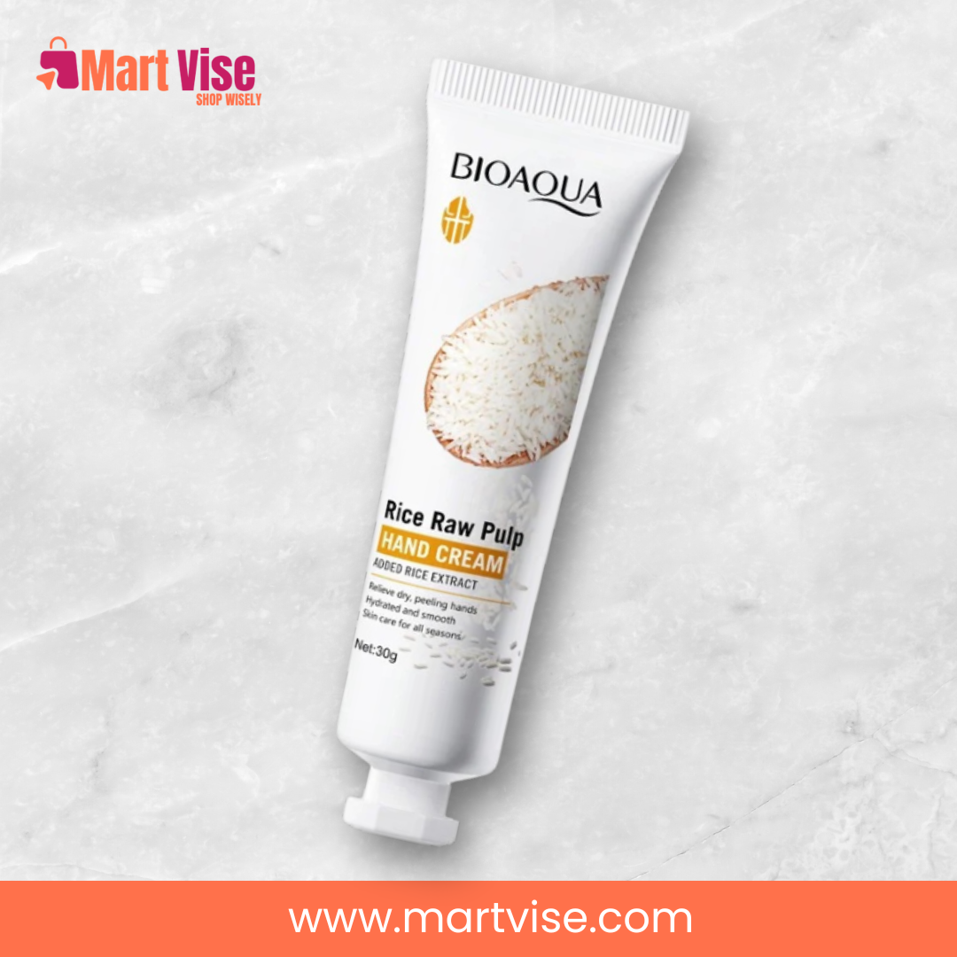 bioaqua-rice-pulp-hand-cream-30g.jpg – BIOAQUA rice pulp hand cream tube for soft, moisturised hands.