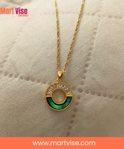 stainless-steel-golden-necklace-main.jpg – Gold-tone stainless steel round pendant necklace with crystal accents.