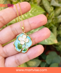 stainless-steel-statement-necklace-main.jpg – Gold-tone stainless steel statement necklace with floral enamel pendant.