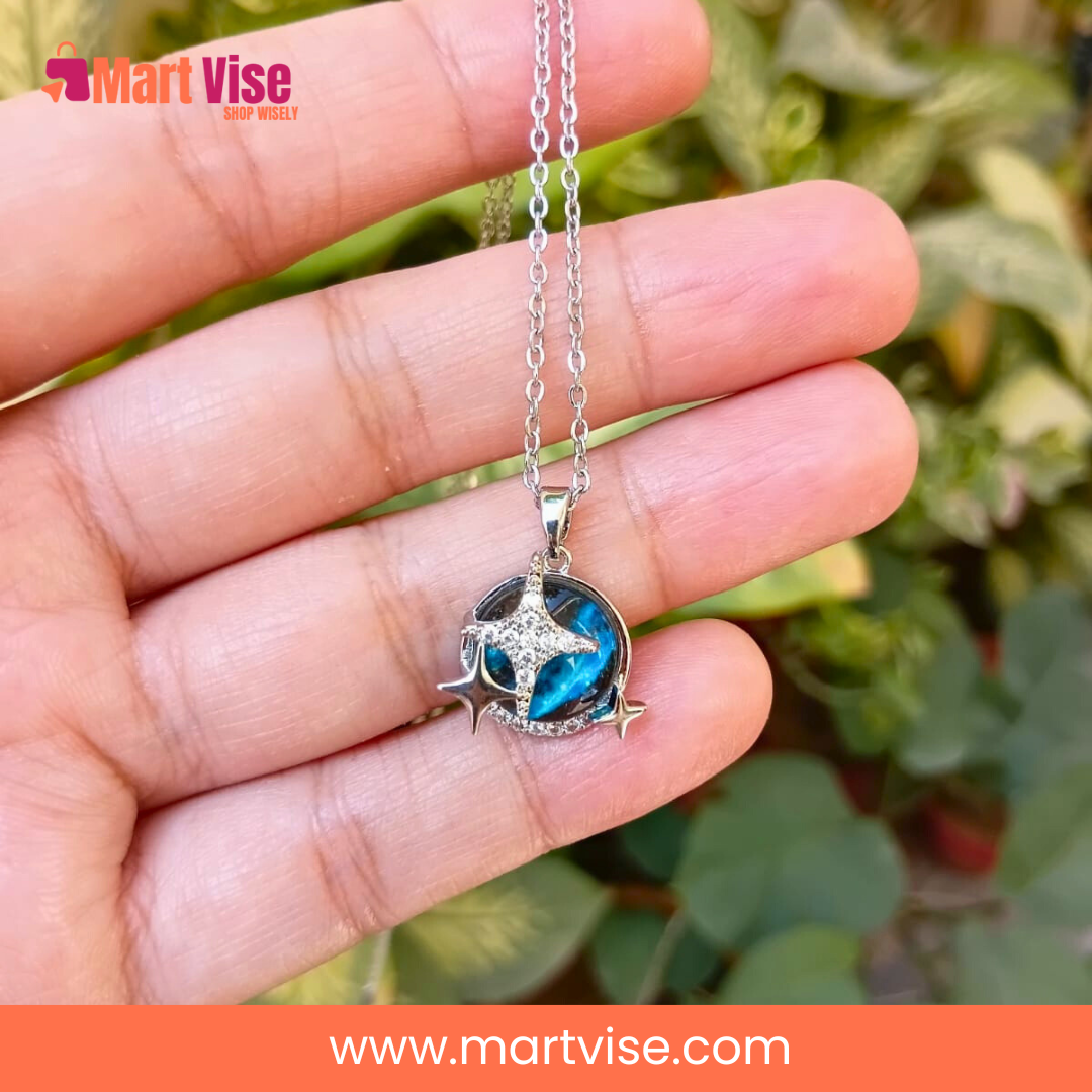 starry-nights-necklace-display.jpg – Starry Nights stainless steel necklace on fabric background.