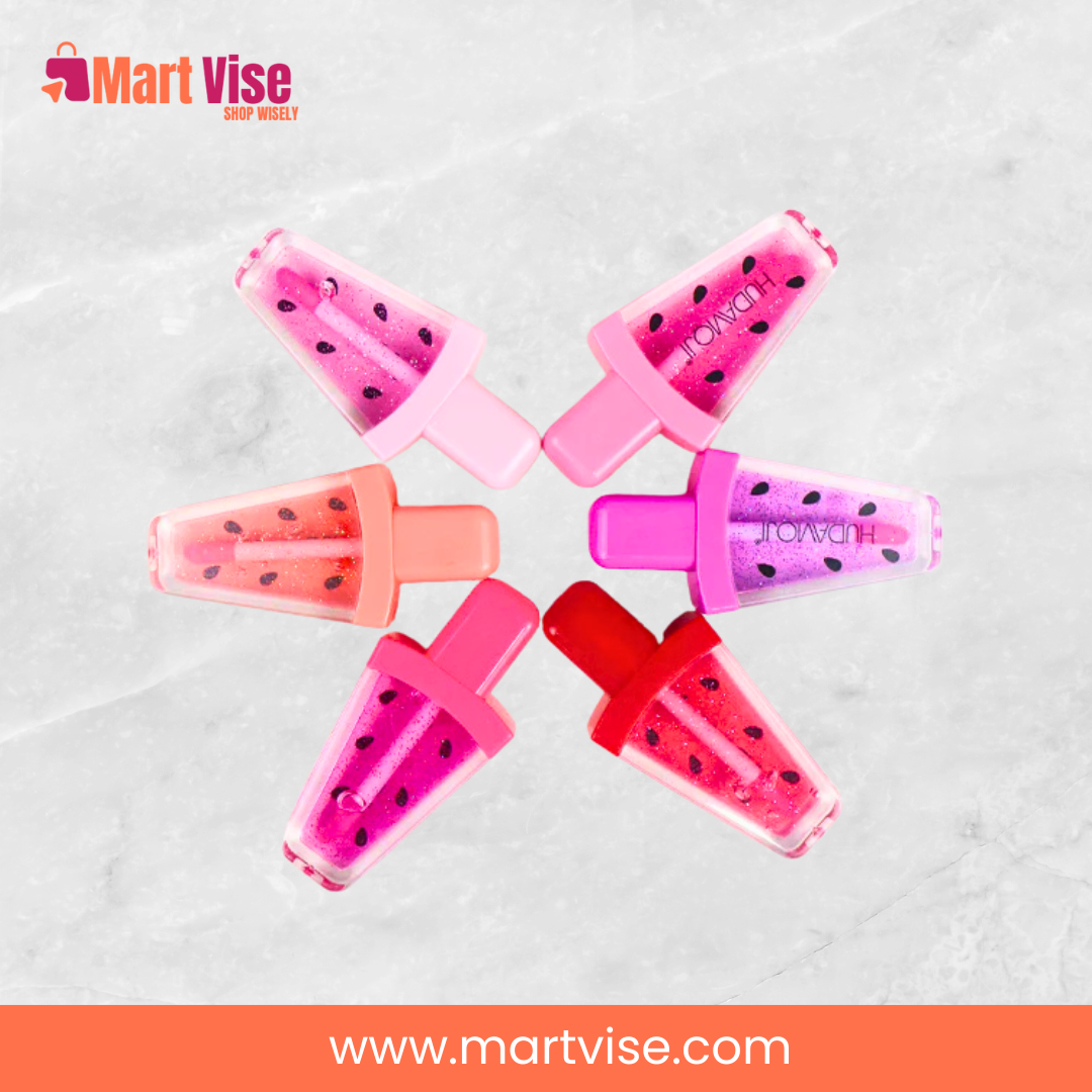 huda-moji-watermelon-lip-gloss-main.jpg – Huda Moji Watermelon Lip Gloss set in popsicle design with six fruity shades