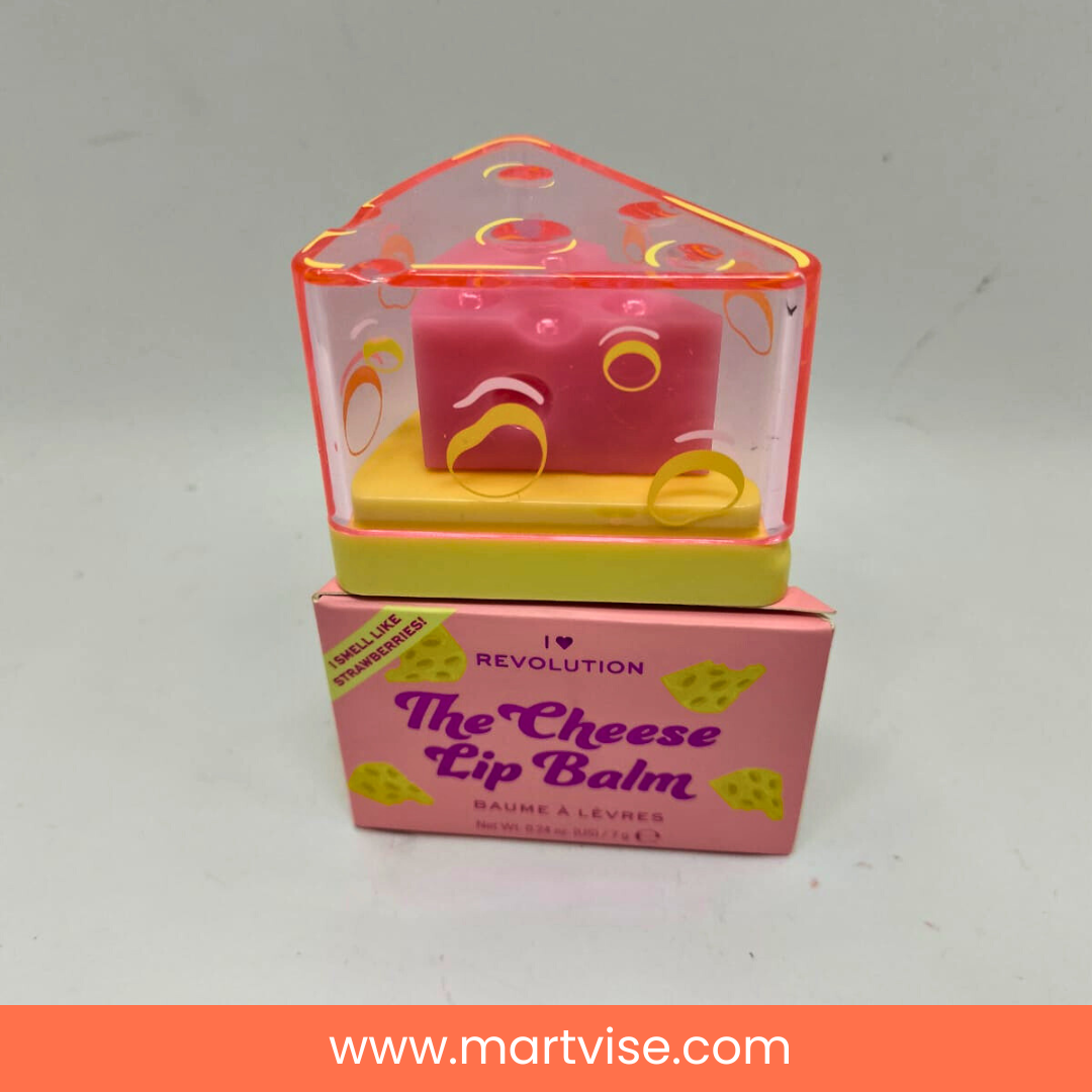 revolution-cheese-lip-balm-flatlay.jpg – Flat lay of Revolution Cheese Lip Balm with MartVise branding.