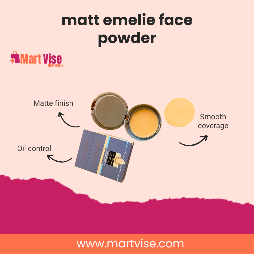 Matt Emelie Compact Powder gives smooth, matte coverage with long-lasting oil control. Perfect for Pakistani weather. Shop online at MartVise with COD delivery.