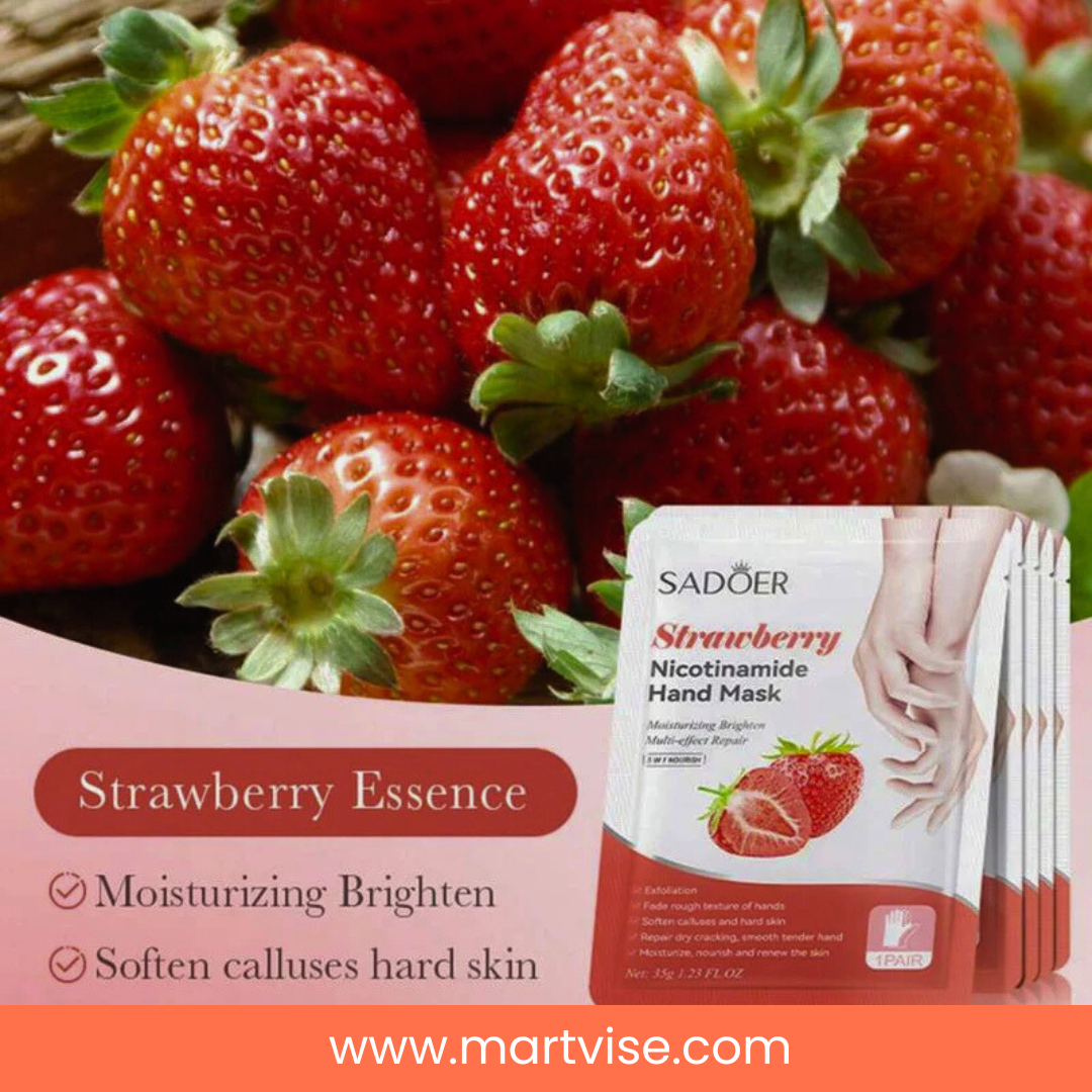 sadoer-strawberry-hand-mask-nicotinamide.jpg — nicotinamide hand mask to support smoother texture and fresher-looking hands