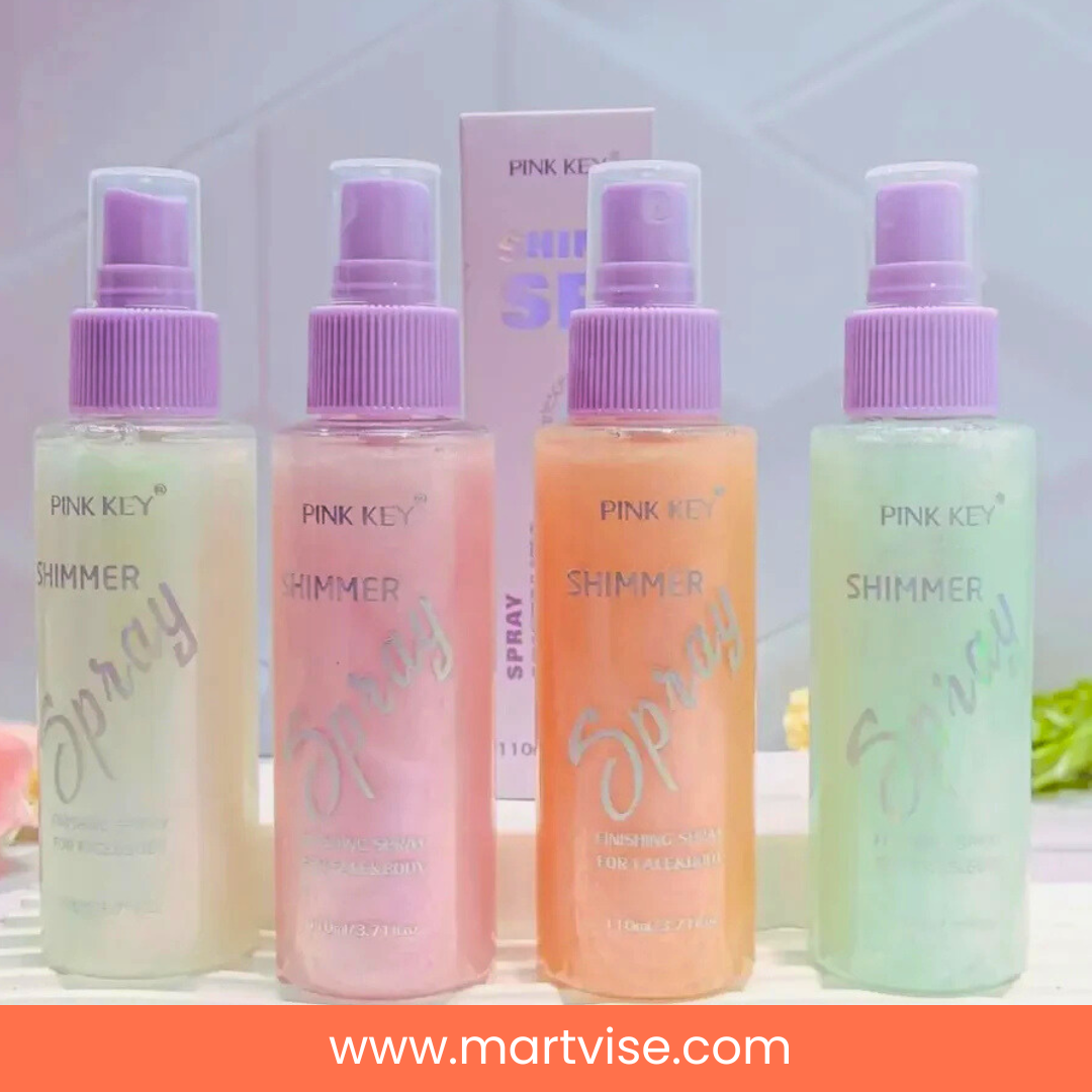 pink-key-shimmer-spray-peach.jpg – Pink Key Shimmer Spray Peach face and body glow mist.