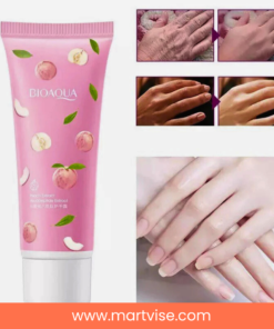 bioaqua-honey-peach-hand-cream-front-packshot.png — Bioaqua Honey Peach Hand Cream tube front view with peach design.