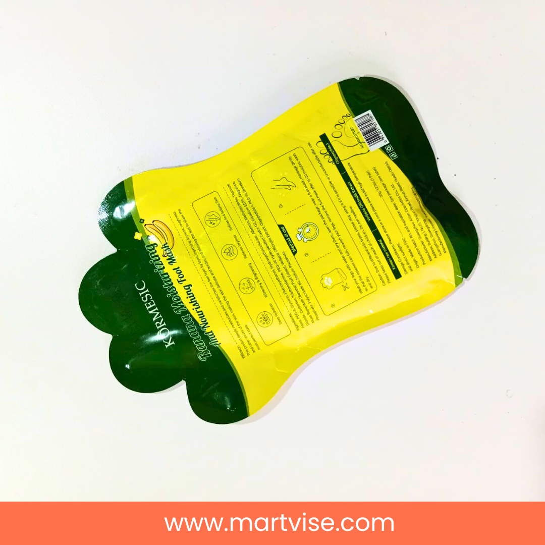 kormesic-banana-foot-mask-how-to-use.png — Foot mask socks concept for simple wear-and-relax hydration treatment.