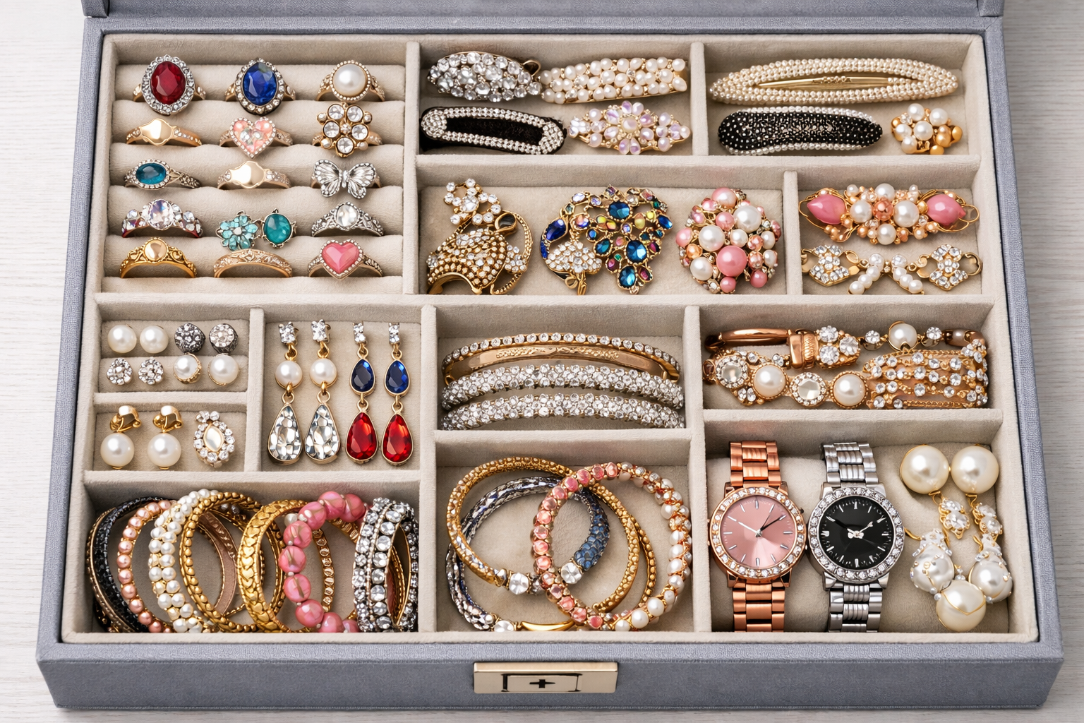 Artificial jewelry care and storage tips with compartment organizer