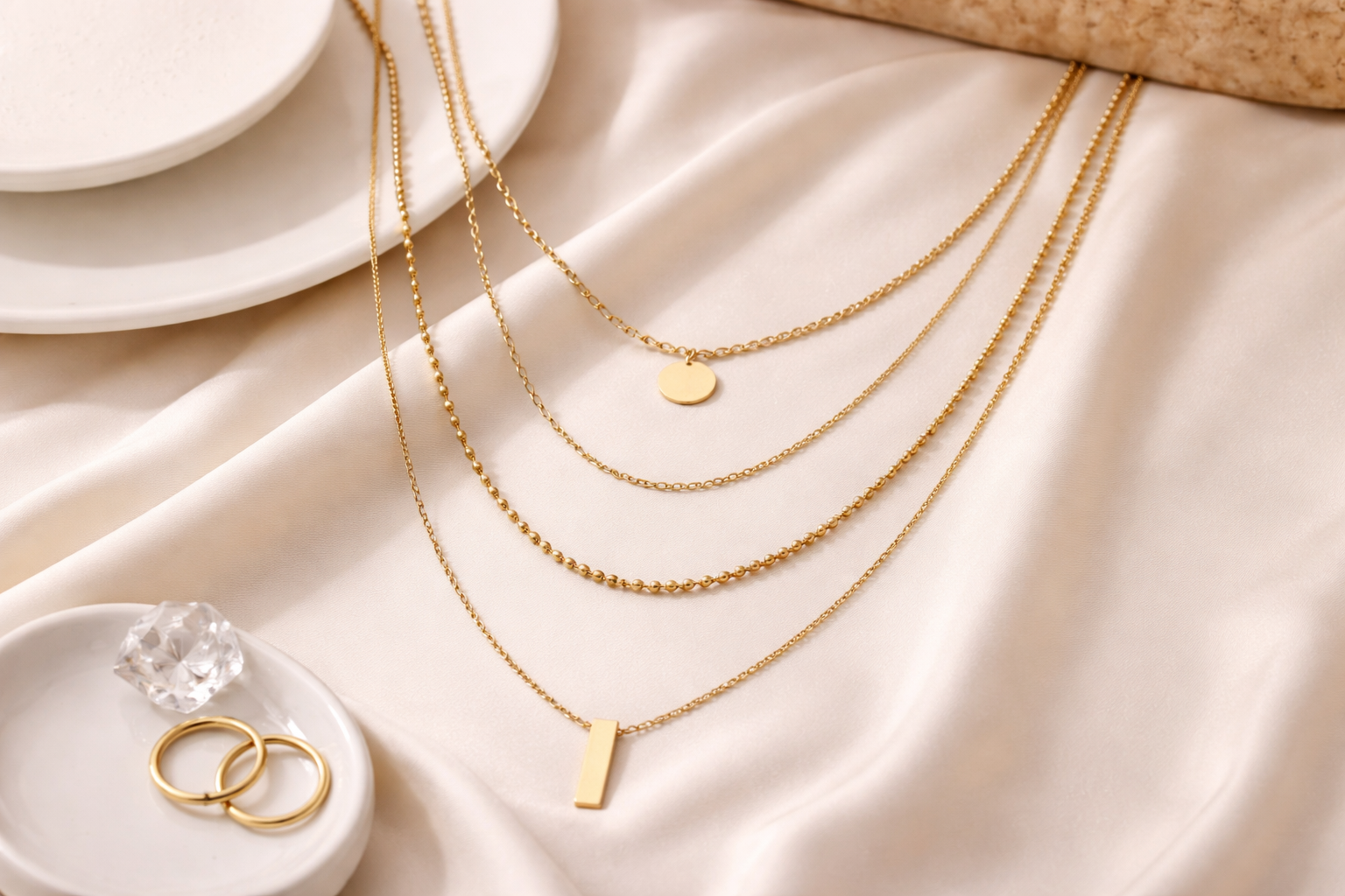 Minimalist jewelry trend in Pakistan with layered chains styling