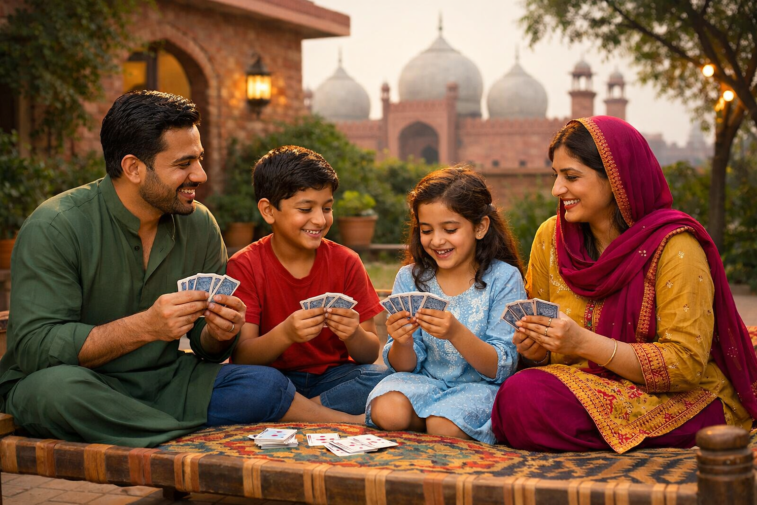 Family enjoying card games in Pakistan during weekend get-together