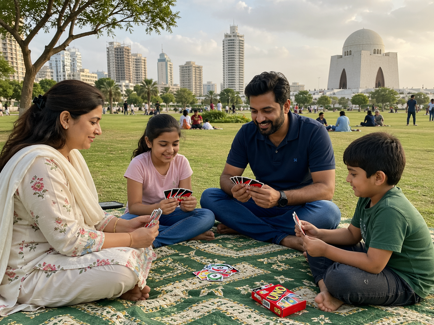 Family enjoying Card Games for Travel & Picnics at a Karachi park