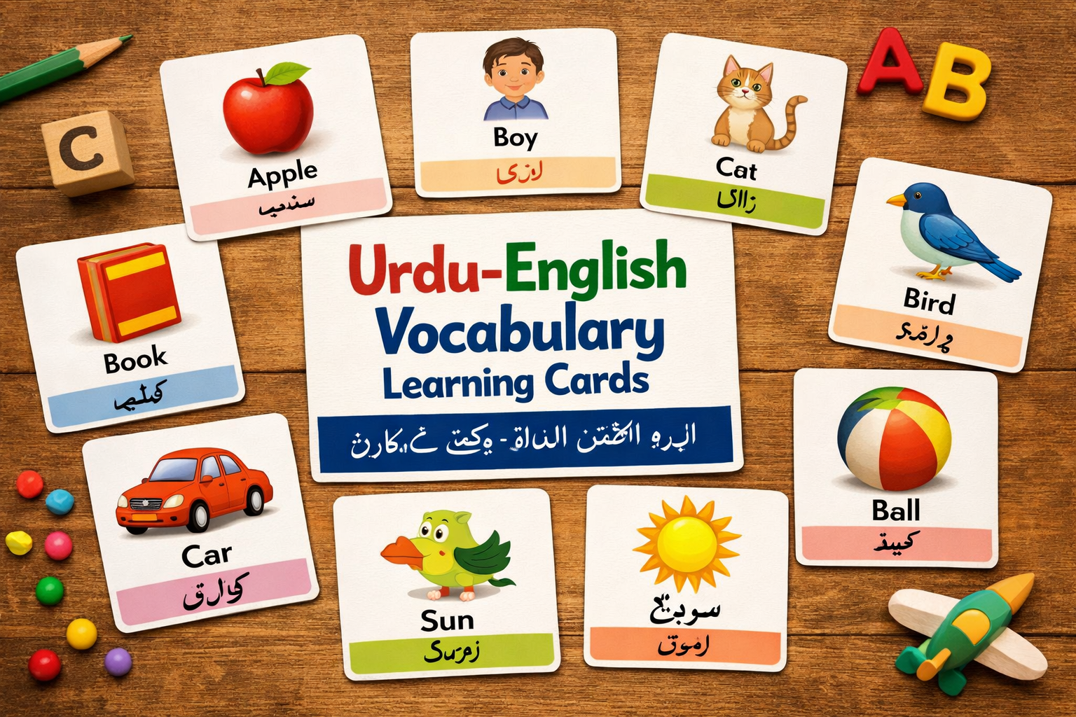 educational card games for learning and memory with Urdu English vocabulary