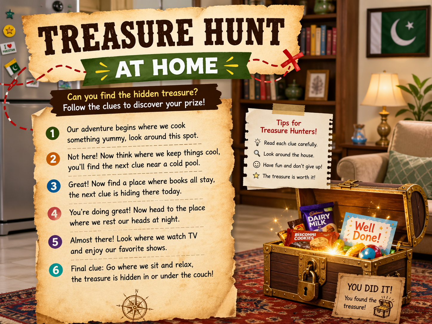 : Indoor games for Pakistani families treasure hunt clues