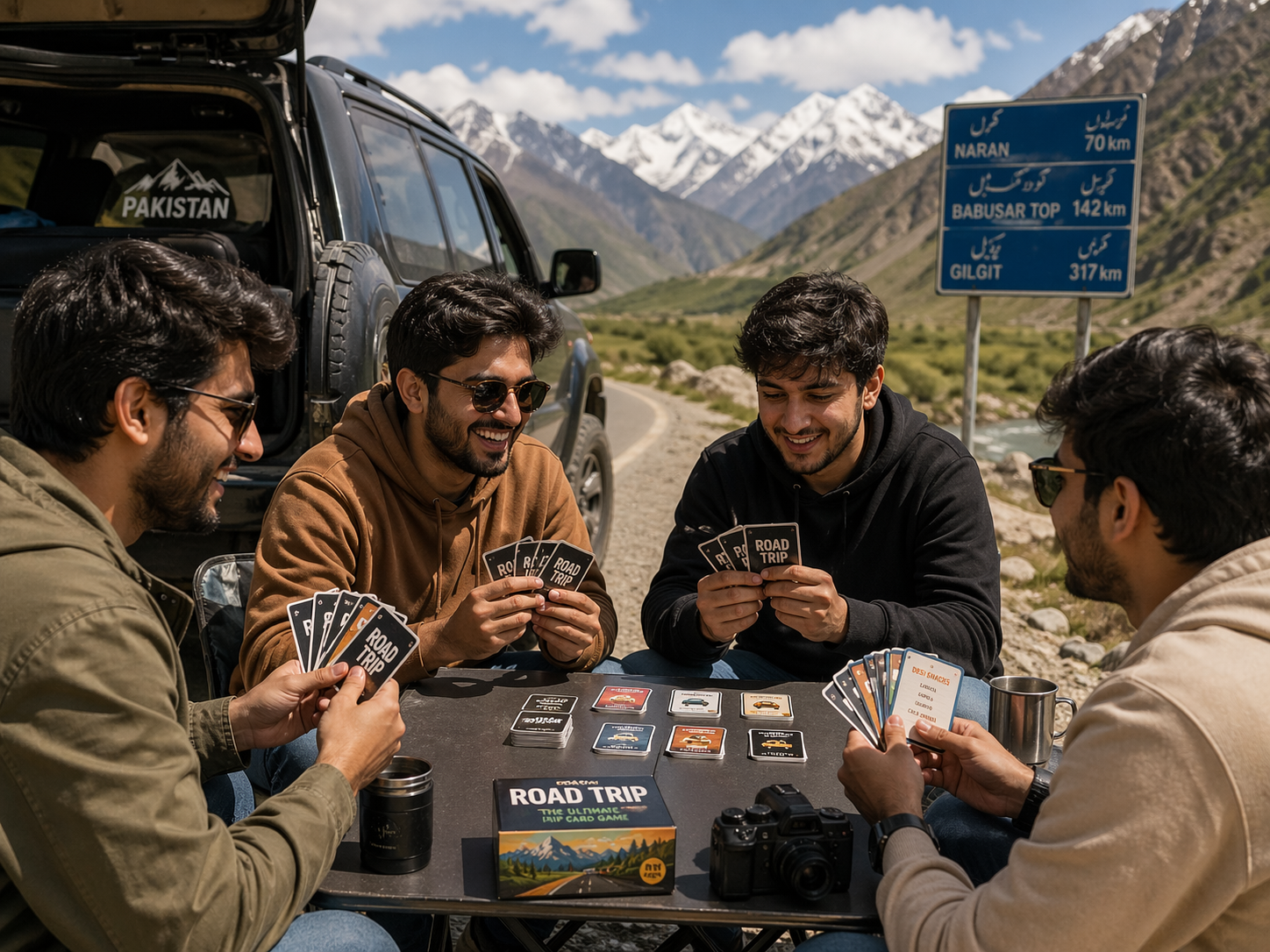 Friends playing Card Games for Travel & Picnics during a road trip in Pakistan