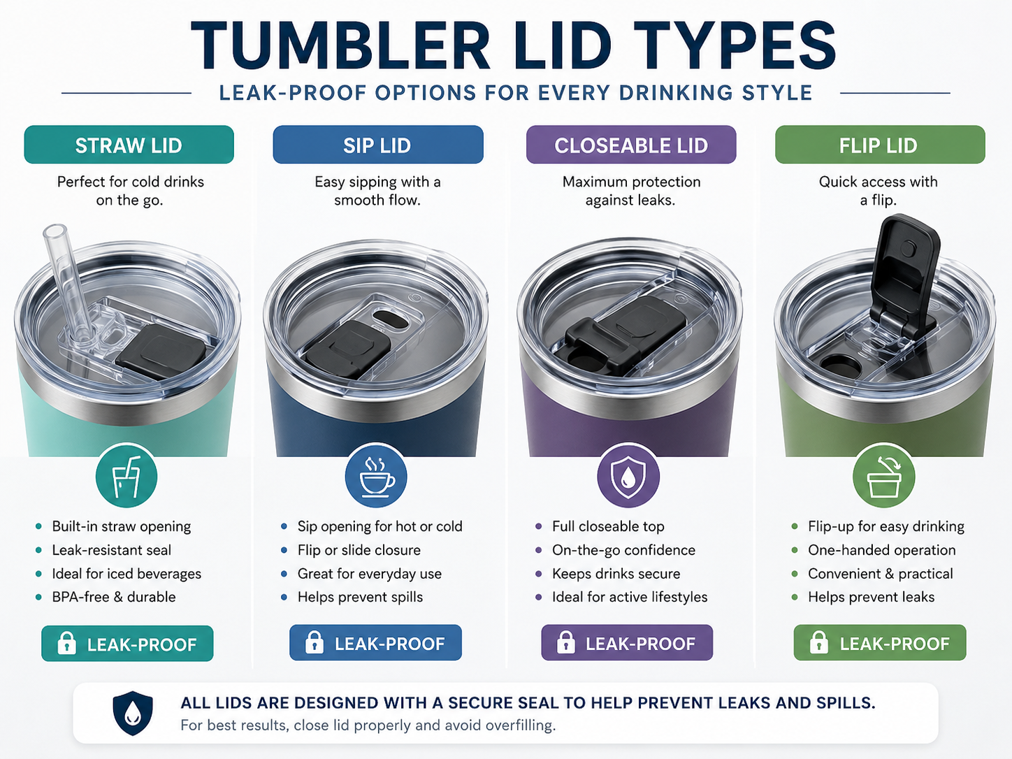 Tumblers as corporate & personal gifts showing lid types leak-proof straw sip