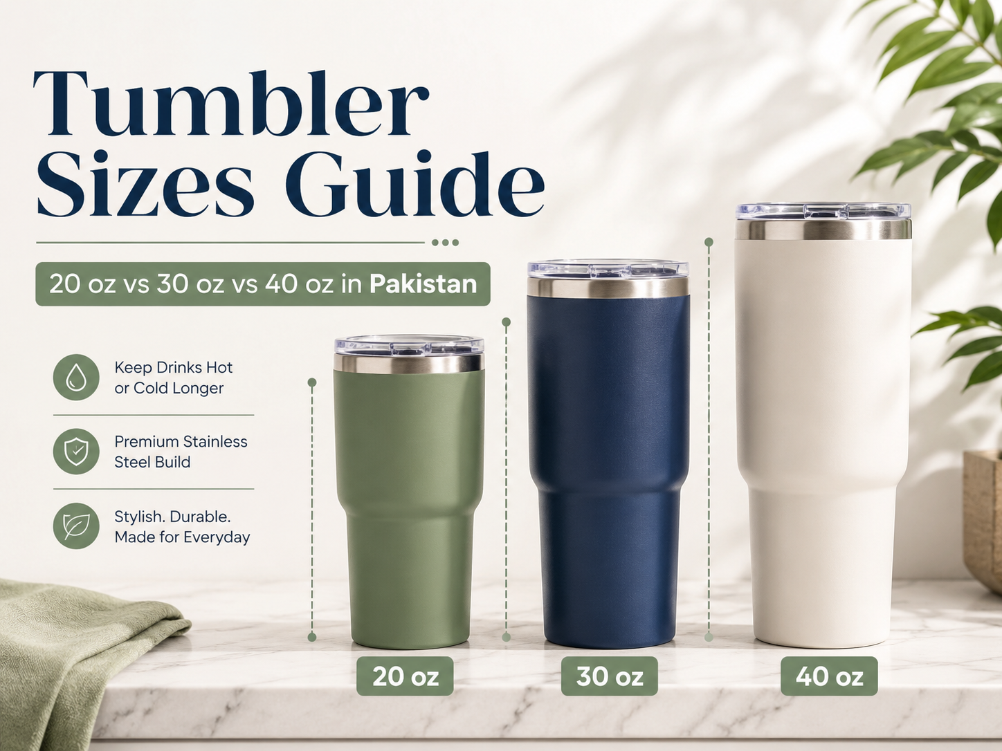 online tumbler shopping guide in Pakistan size comparison 20oz 30oz 40oz
