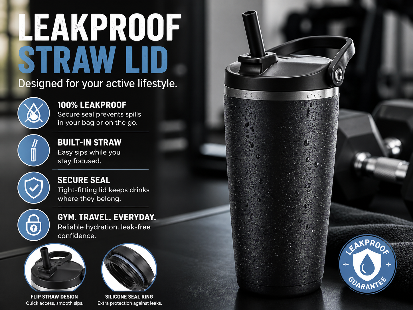 tumblers for office, gym & travel gym straw lid leakproof