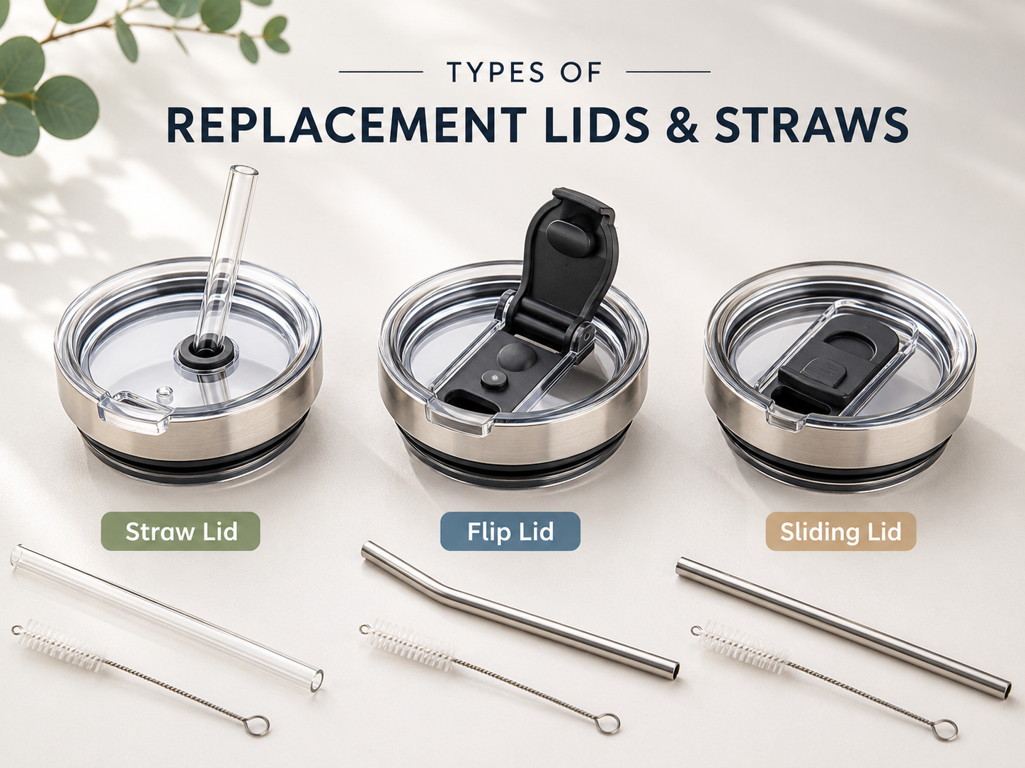 Types of replacement lids and straws (straw, flip-top, sliding)
