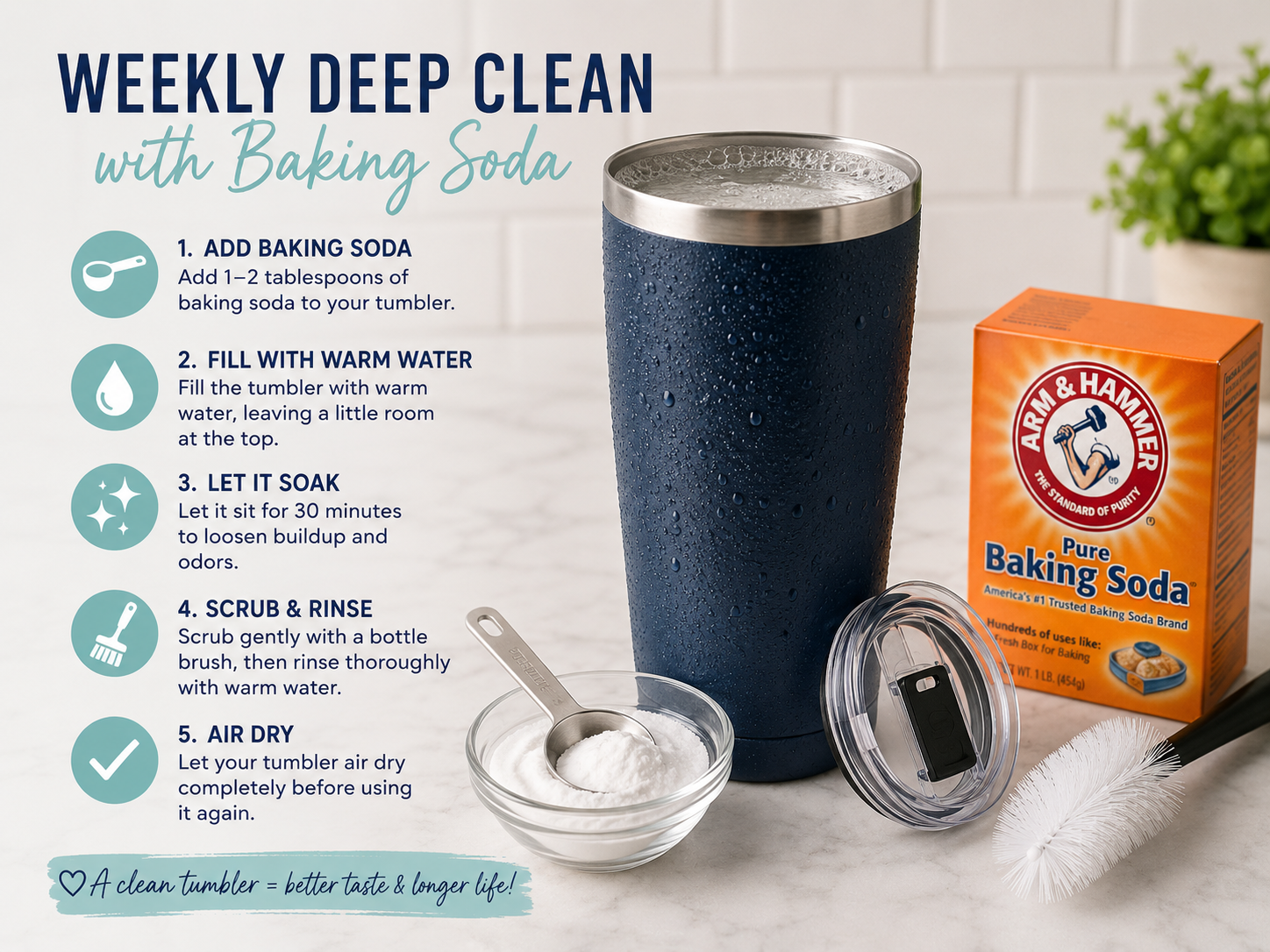 clean tumbler with baking soda using tumbler cleaning brushes