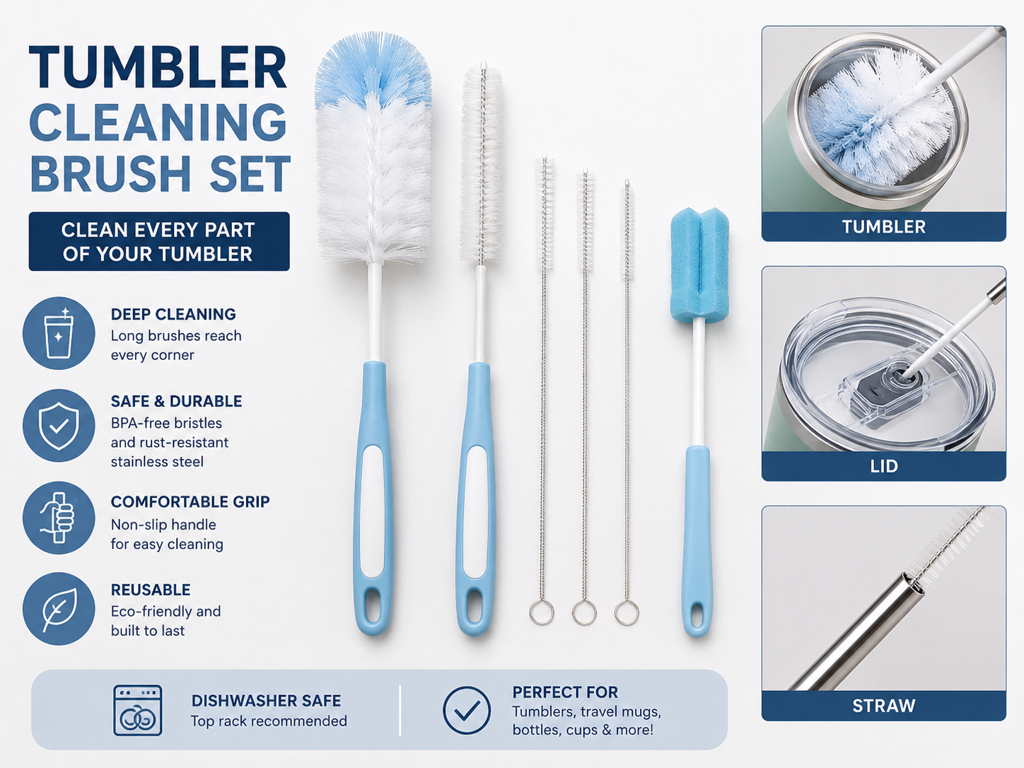 Kids-Friendly Tumbler Accessories cleaning brush set for straw and lid
