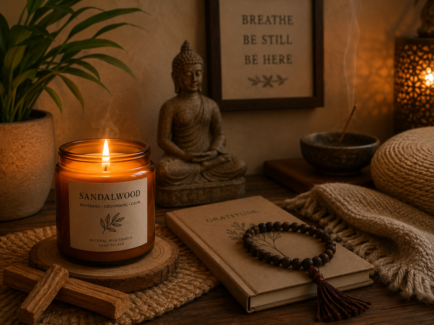 relaxation and stress-relief candle scents sandalwood in a prayer or meditation corner