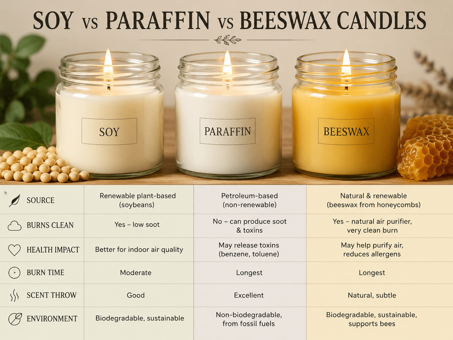 long-lasting candle wax types soy paraffin beeswax