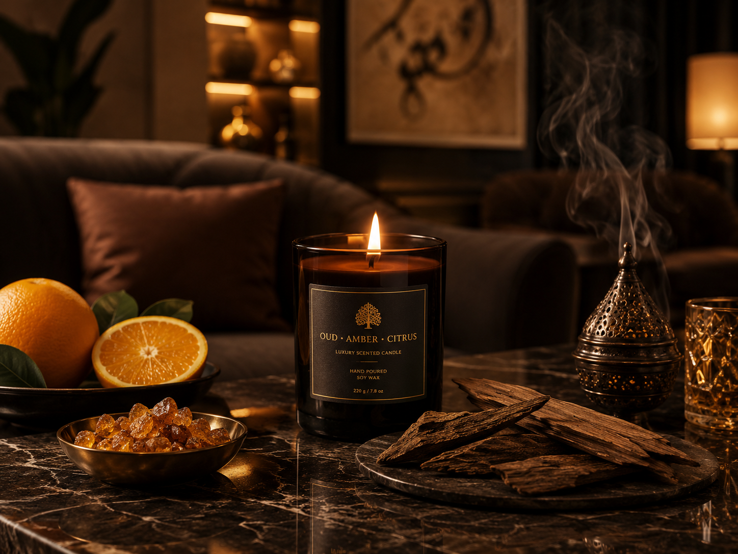 candles for bedroom, lounge & bathroom with lounge scents oud amber citrus