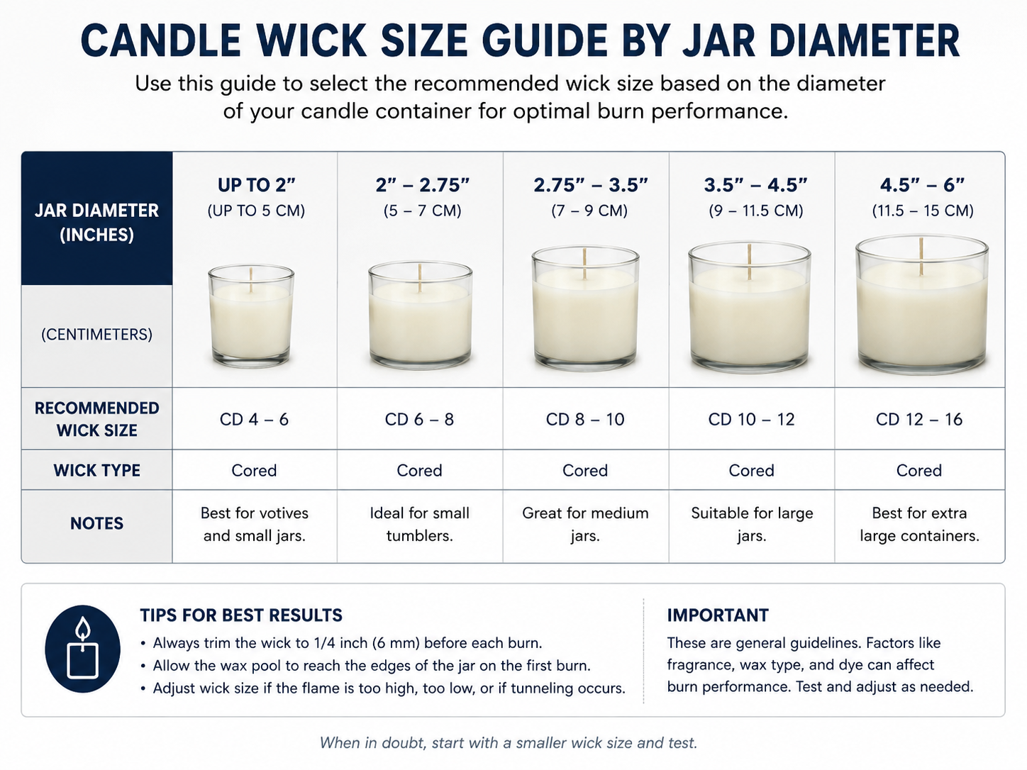 long-lasting candle wick sizing for jar diameter