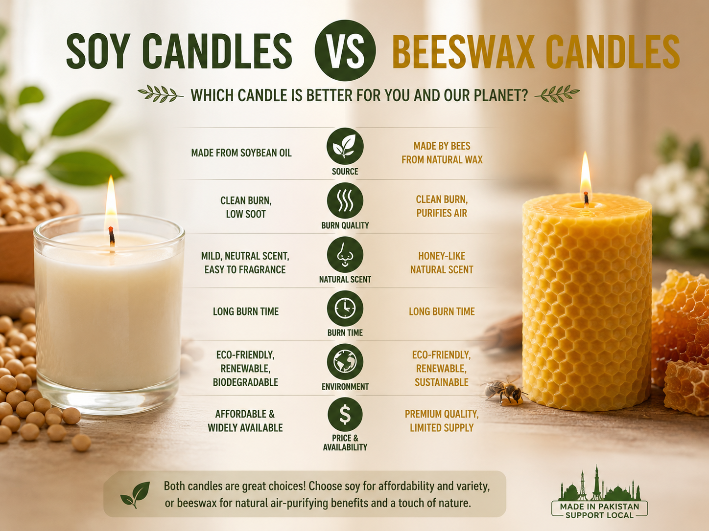 Soy wax vs beeswax handmade organic candles in Pakistan comparison