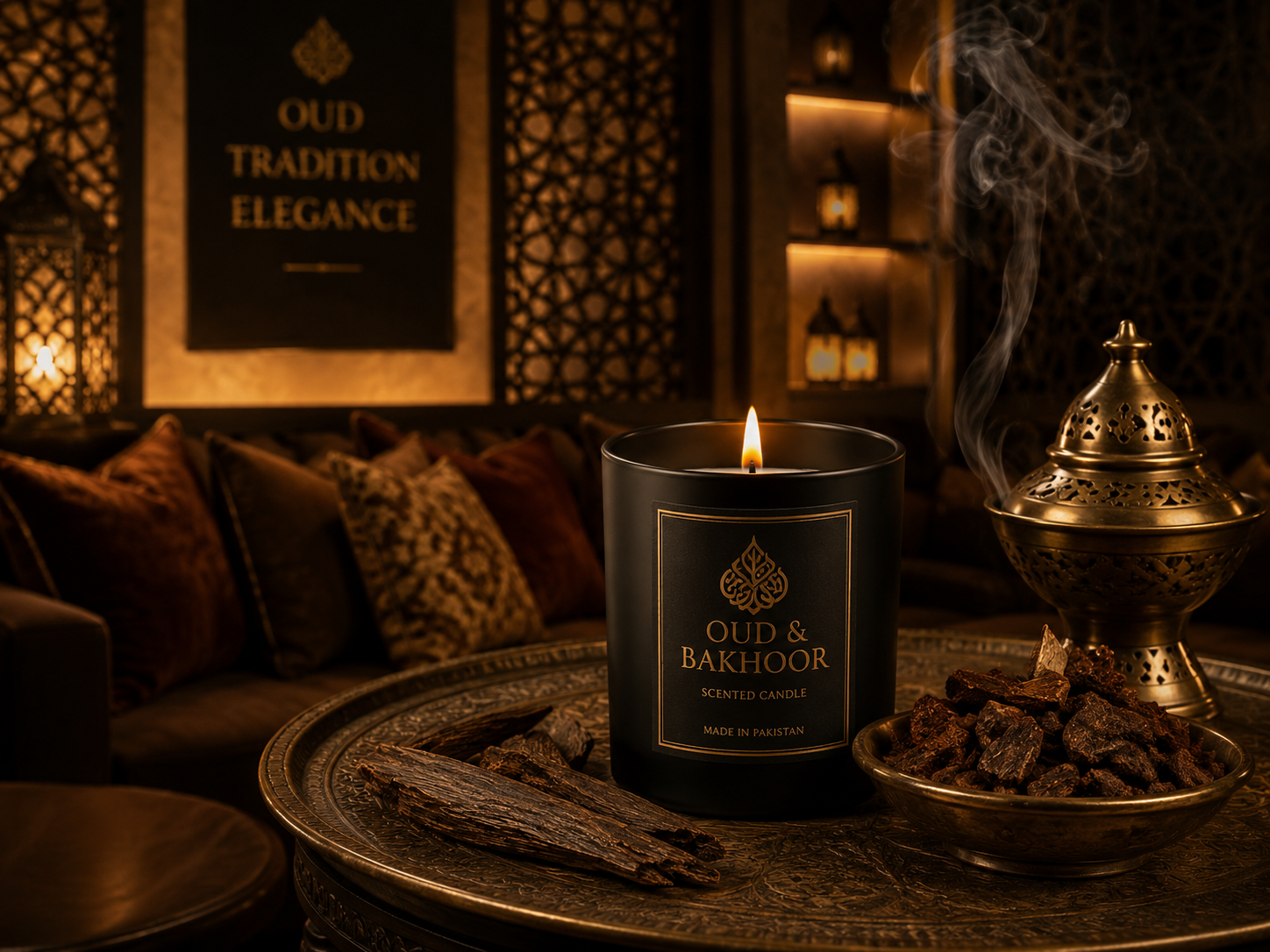 Oud scented candle for lounge — home décor candles trends in Pakistan