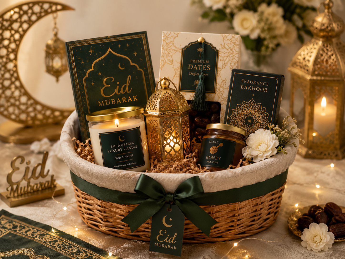 Eid gift basket idea with scented candles as gifts in Pakistan