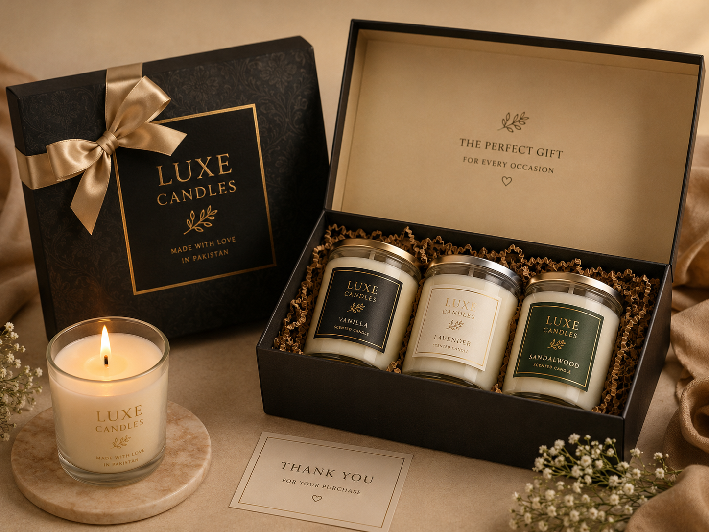 Candle gift box idea with handmade organic candles in Pakistan