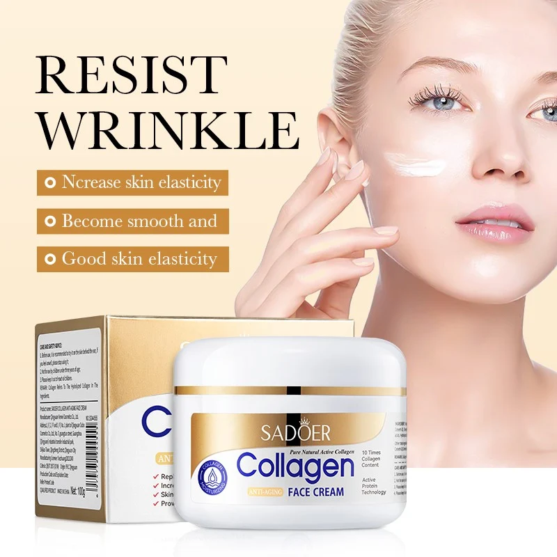 SADOER Collagen Face Cream presented with daily hydration and skin smoothing benefit information.
