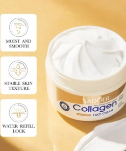 Open jar of SADOER Collagen Face Cream displaying its rich white moisturising texture.