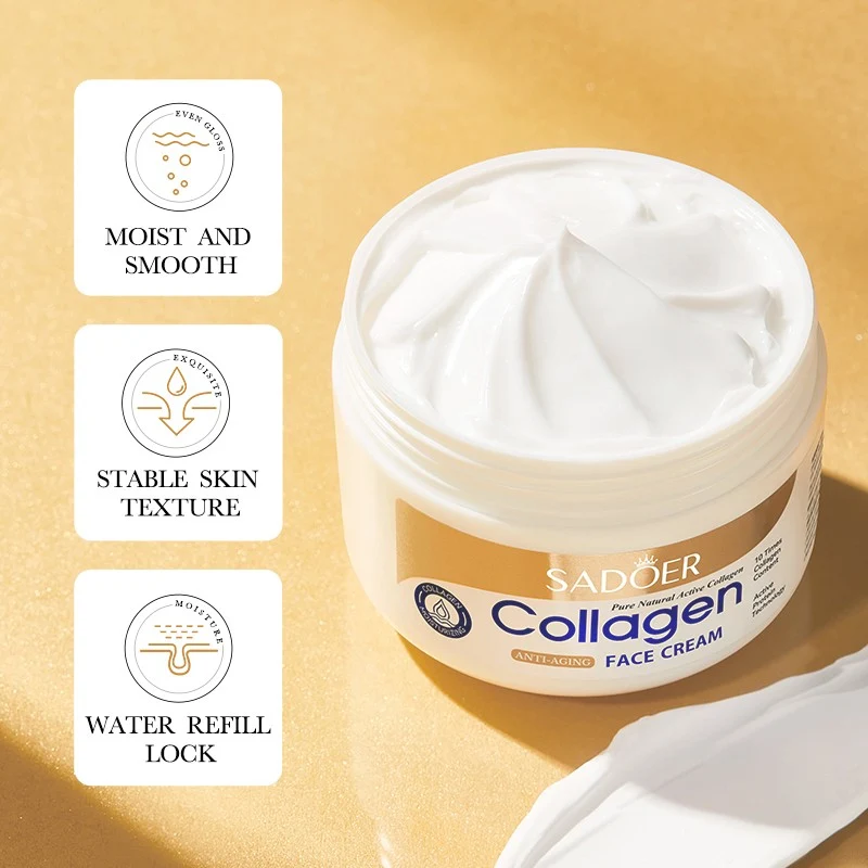 Open jar of SADOER Collagen Face Cream displaying its rich white moisturising texture.
