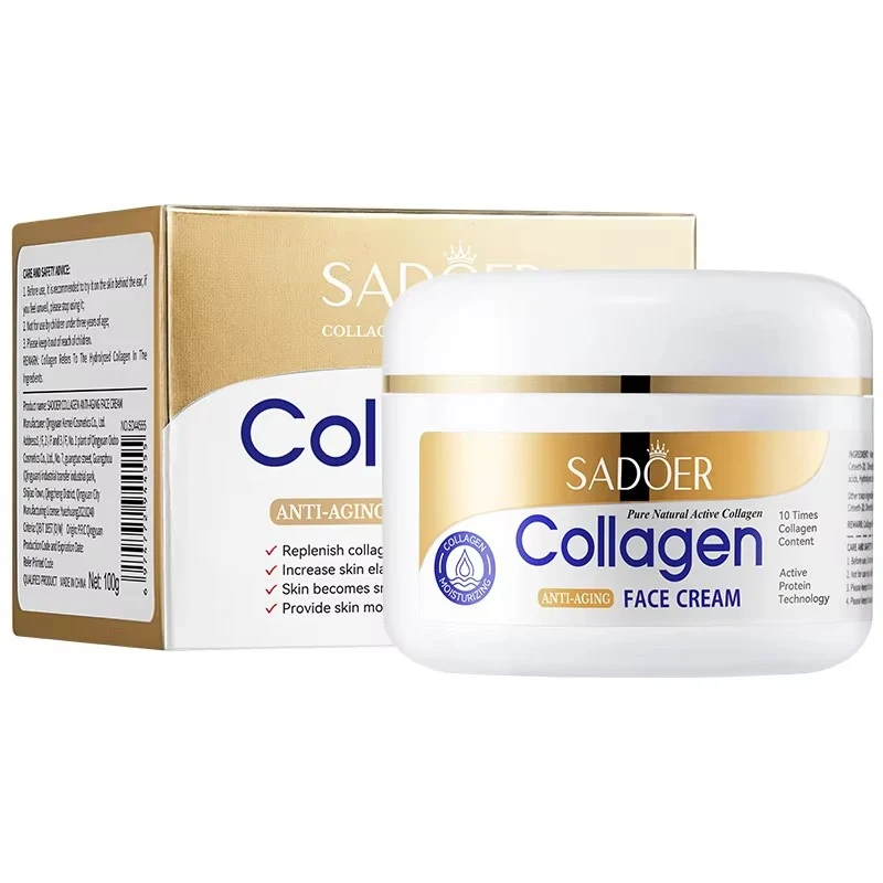 SADOER Collagen Face Cream in a white jar with gold label for daily skincare.